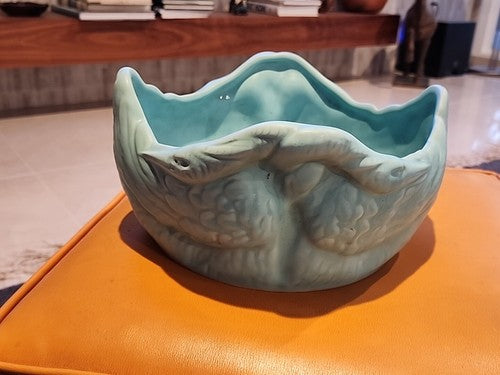 WELLER POTTERY SOFT BLUE BOWL W/ SWAN LOVE BIRDS...SIGNED & MINT! VERY RARE!