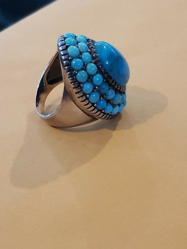 Turquoise Ring Sterling Silver with Double Halo so 8