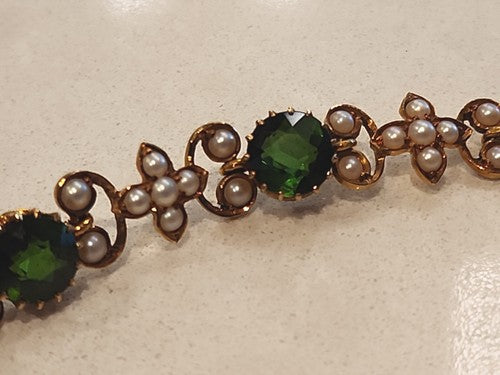 Antique Edwardian 15ct Gold Bracelet Tourmalines and Pearl