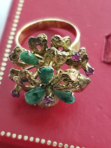 14k Yellow Gold Ruby & Jade Flower Ring s7.5