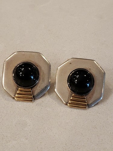Leonore Doskow Sterling & 14k Mid Century Modern Black Onyx Pierced Earrings