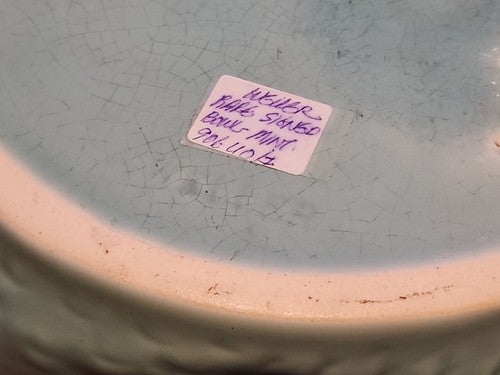 WELLER POTTERY SOFT BLUE BOWL W/ SWAN LOVE BIRDS...SIGNED & MINT! VERY RARE!
