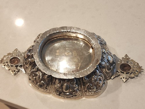Hand Chased DUTCH .833 SILVER FOOTED BRANDY BOWL CHERUB HANDLES, FLUTED PANELED