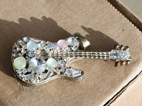 Beautiful Vintage Rhinestone Guitar Pendant