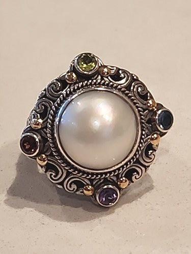 Byzantine Sterling Silver 18kt Statement Ring Gemstones Cocktail