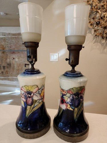Pair of RARE Moorcroft Pottery Iris Torchiere Table Lamps Perfect
