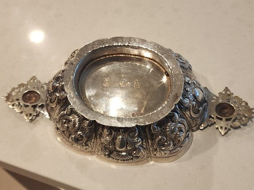 Hand Chased DUTCH .833 SILVER FOOTED BRANDY BOWL CHERUB HANDLES, FLUTED PANELED