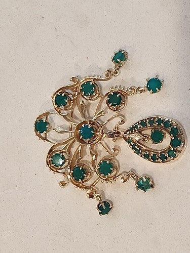 Antique 19c 14k GOLD Dangle Drop Emerald Chandelier  Brooch 2 1/4"