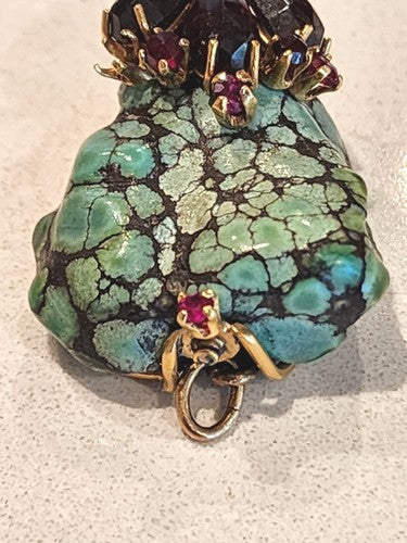 Natural Blue Lagoon Turquoise 14k Gold Pendant with Garnet Stones