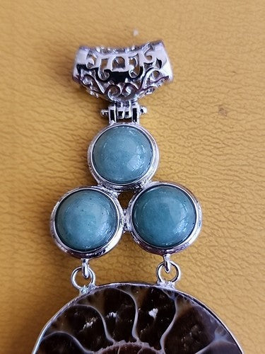 Silver Plate Fossil & Turquoise Large Pendant
