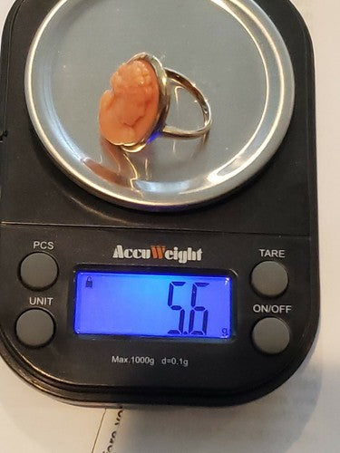Art Nouveau Carved Coral High Relief Cameo Ring Goddess 14k Solid Gold sz6.5