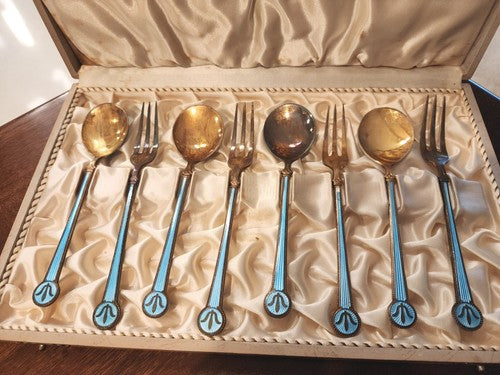 Vintage David Andersen Norway Sterling Silver & Enamel Fork & Spoon Set