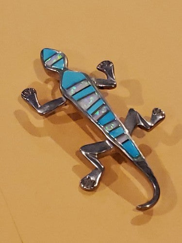 Native American Sterling Silver Turquoise Opal Coral Inlay Lizard Pin Brooch
