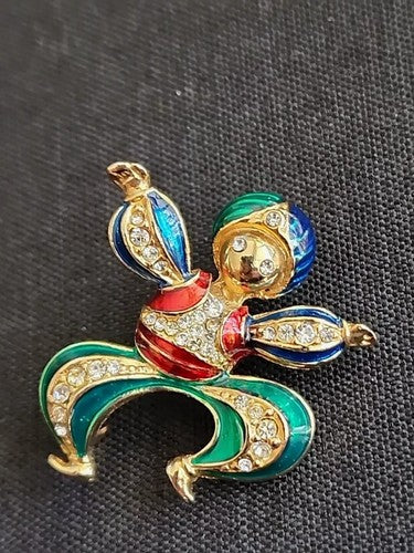 Beautiful Vintage Indian Man Enamel Rhinestone Gold Tone  Pin Brooch