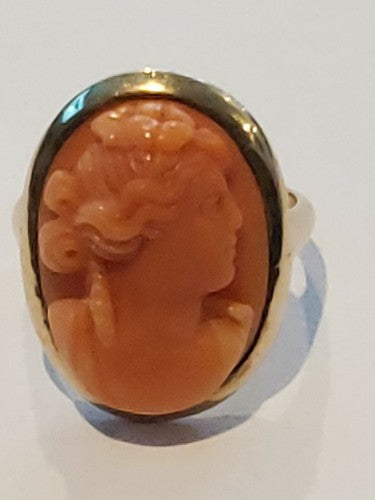 Art Nouveau Carved Coral High Relief Cameo Ring Goddess 14k Solid Gold sz6.5