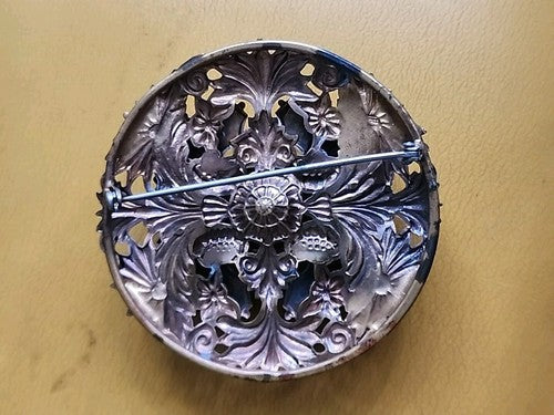 Art Deco Antique Gold Tone Floral Rhinestone Brooch Pin Red Faceted Stone