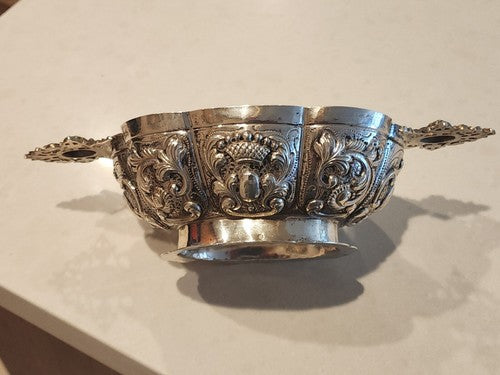 Hand Chased DUTCH .833 SILVER FOOTED BRANDY BOWL CHERUB HANDLES, FLUTED PANELED