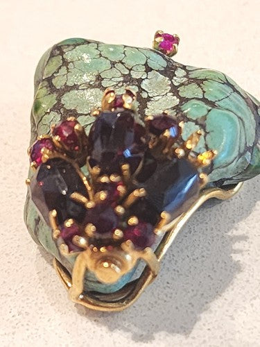 Natural Blue Lagoon Turquoise 14k Gold Pendant with Garnet Stones