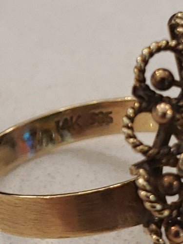 ORNATE Ladies 14k Yellow Gold Marquise Shape Jade Filigree Band Estate Ring