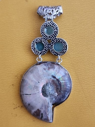 Silver Plate Fossil & Turquoise Large Pendant