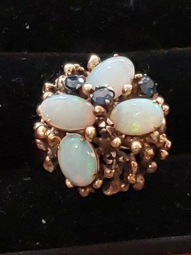 14k Yellow Gold Round Fiery Opal Emerald Cluster Flower Cocktail Ring