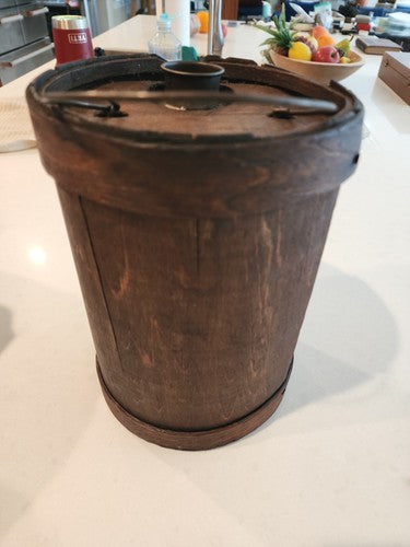 Antique Mid-Late 1800's Wood Wrapped Tin Cone Top Cork Sealed Kerosene Can