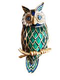 Jomaz Owl Brooch- Enamel - Green - Blue - Gold -Rhinestones 3” long, VERY COOL