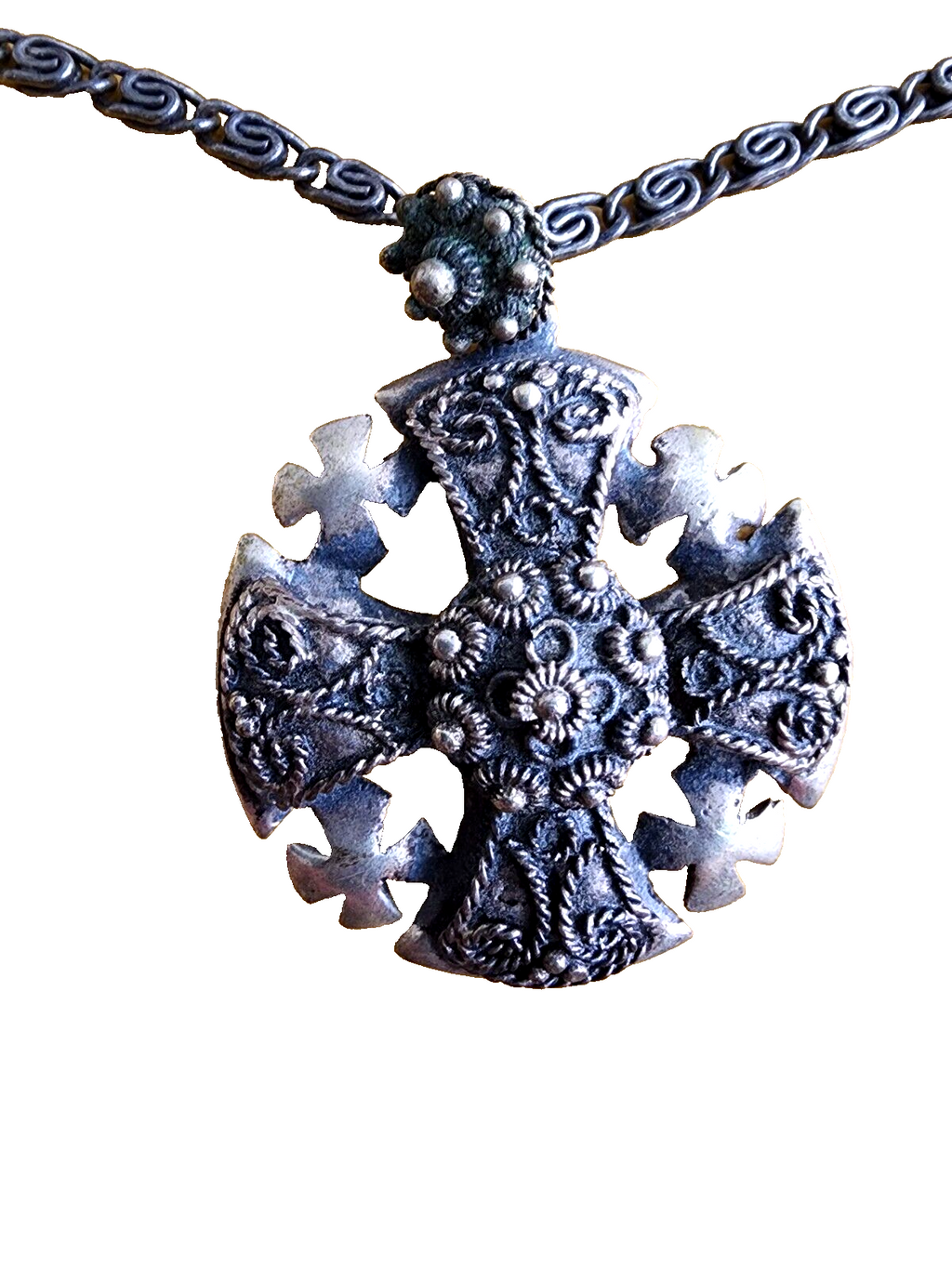 VIntage Sterling Silver Ornate Bethlehem Cross Pendant With Handmade Cross Chain