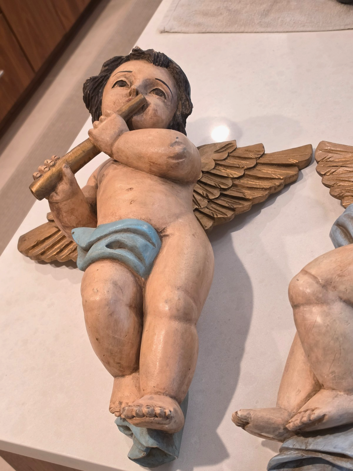 Antique Pair Wood Italian Cherub Putti Sculptures Playing Musical Instruments