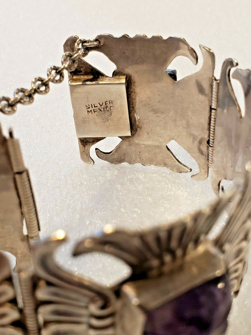 Beautiful 1940s Mexico Sterling and Amythyst in Faces Bracelet