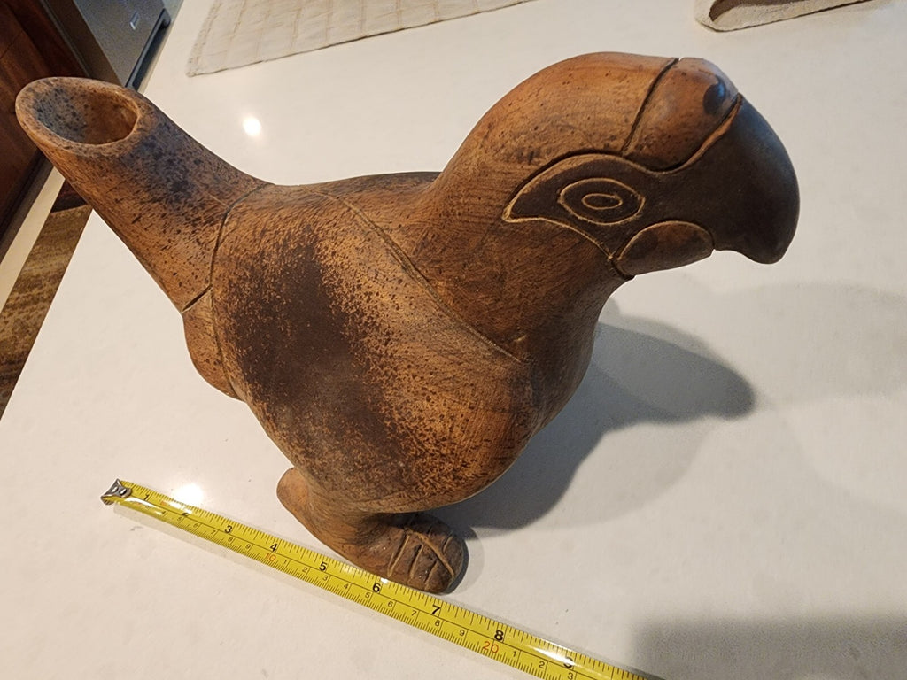 Vintage Terra Cotta Bird Art Pottery Vessel Vase Primitive Signed Mexico 1974