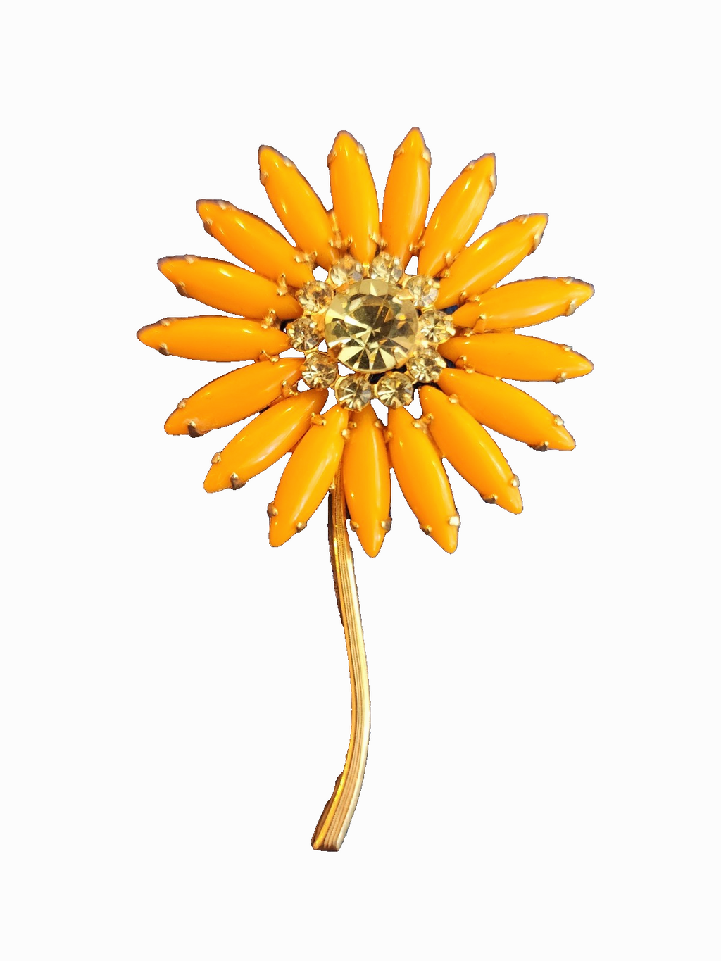 Vintage Retro Orange Rhinestones Daisy Pin