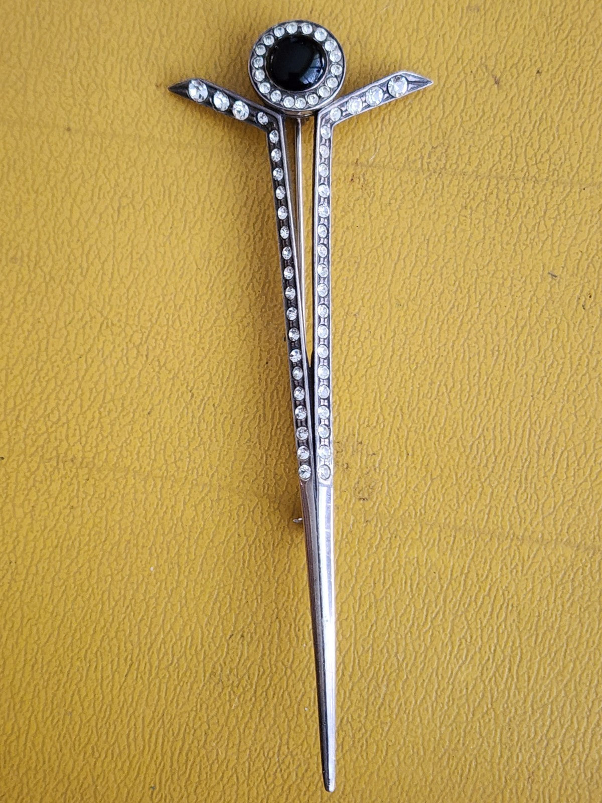Designer Crafted Sterling Silver Rhinestone & Black Onyx 3-7/8" Long Pin Brooch