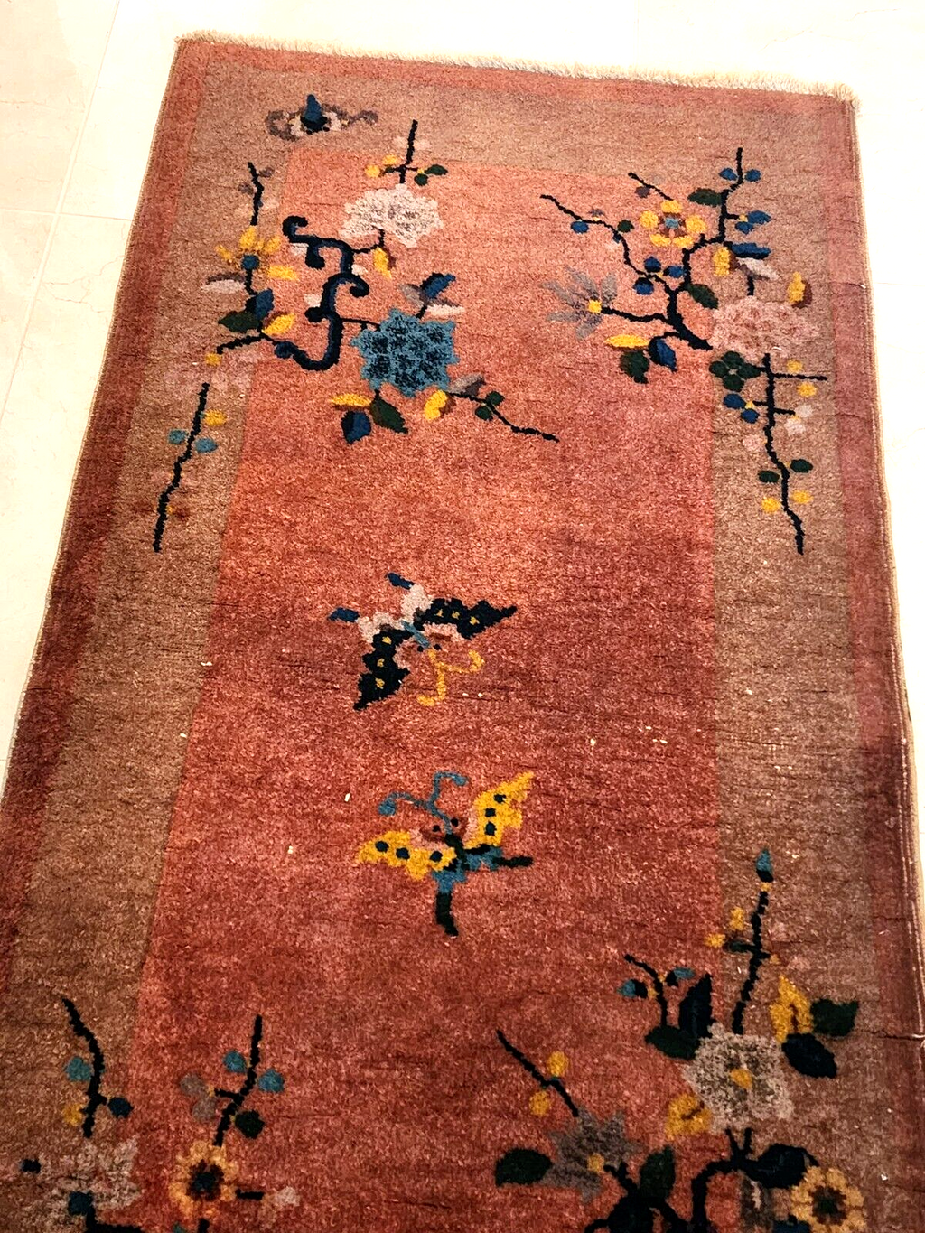 4x2 FT Old Handmade Chinese Small Wool Rug
