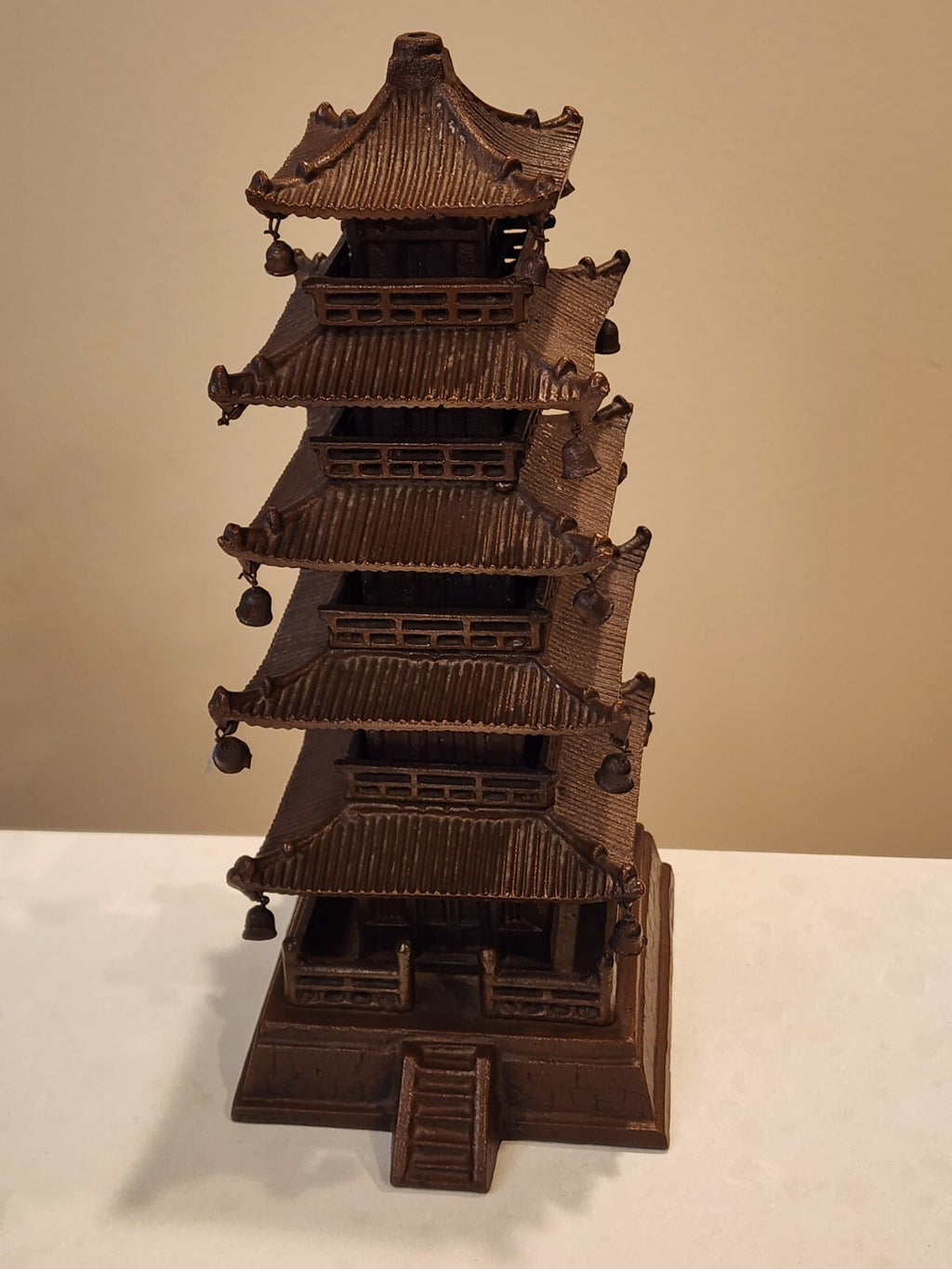 9" Old Chinese Bronze 5 layer Yellow Crane Tower House Attic Statue