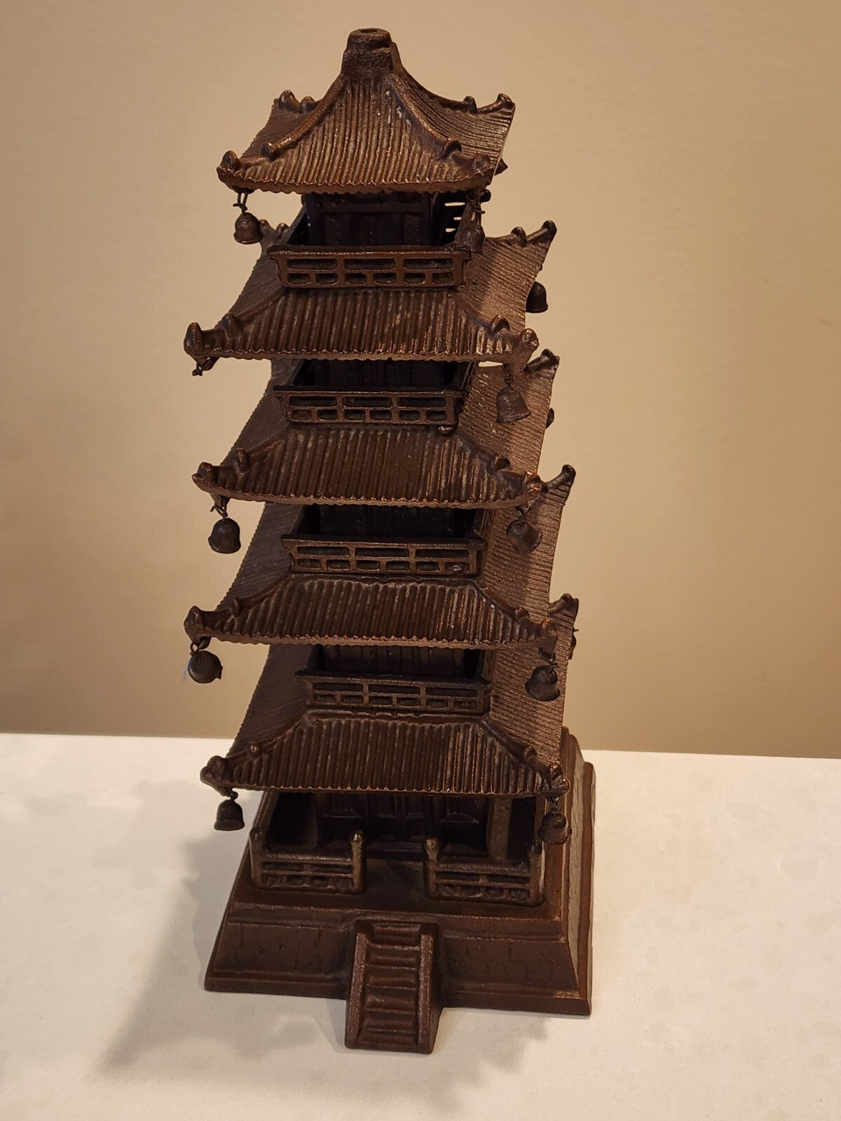 9" Old Chinese Bronze 5 layer Yellow Crane Tower House Attic Statue