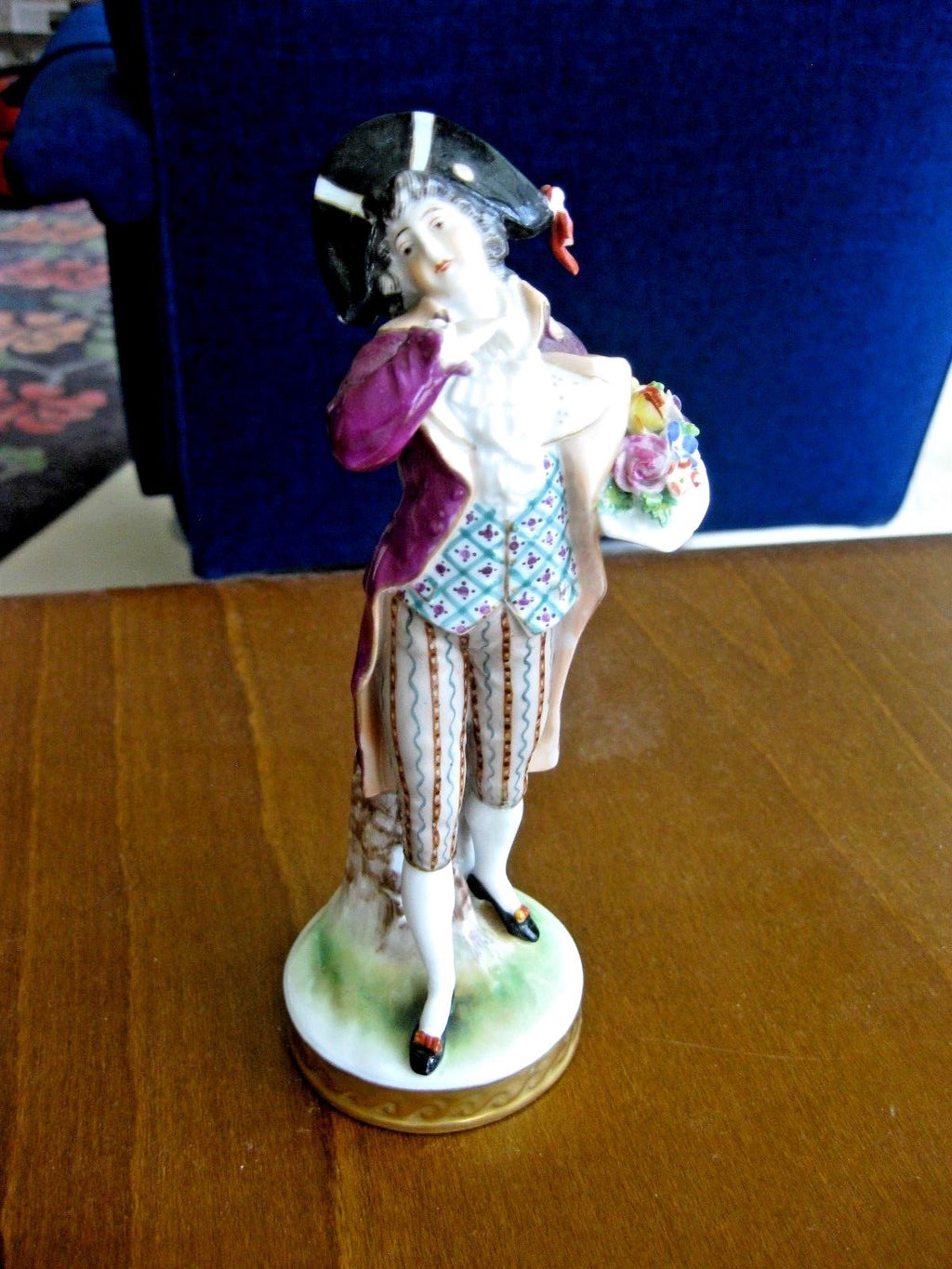 Antique German Porcelain Man Figurine Holding Bouquet of Flowers