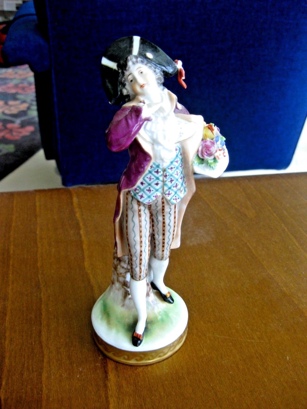 Antique German Porcelain Man Figurine Holding Bouquet of Flowers