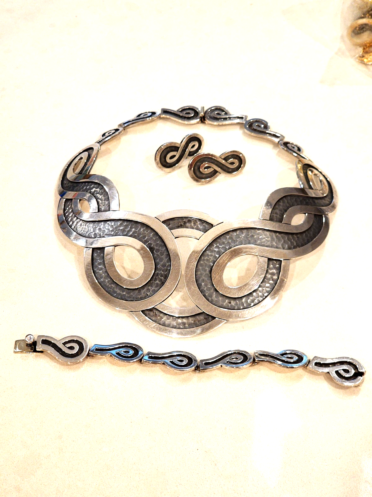 Taxco Mexico Sterling Silver Figure 8 Modernist Necklace Bracelet Earring Set