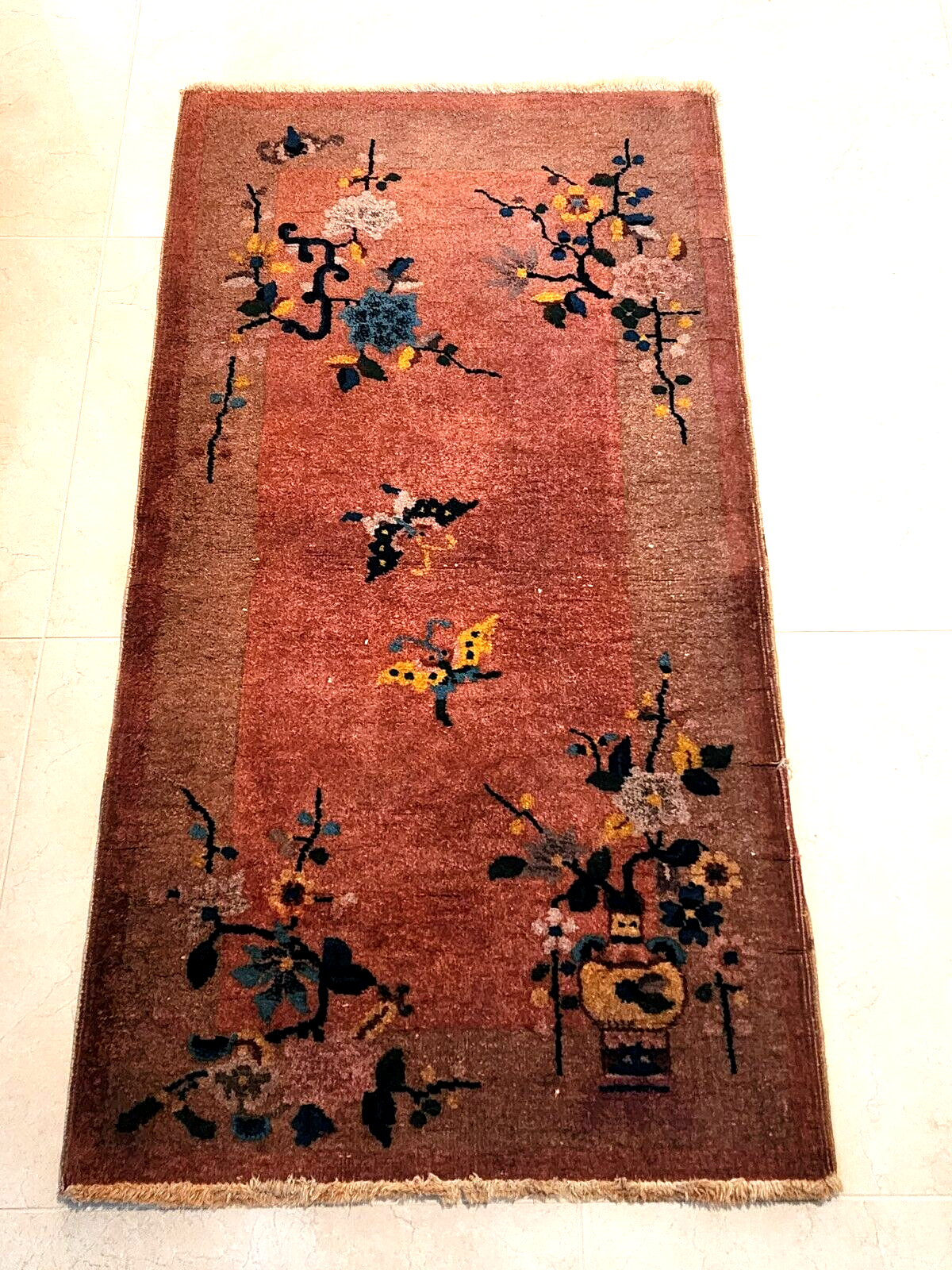 4x2 FT Old Handmade Chinese Small Wool Rug