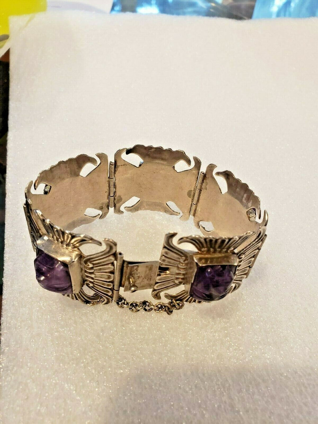 Beautiful 1940s Mexico Sterling and Amythyst in Faces Bracelet