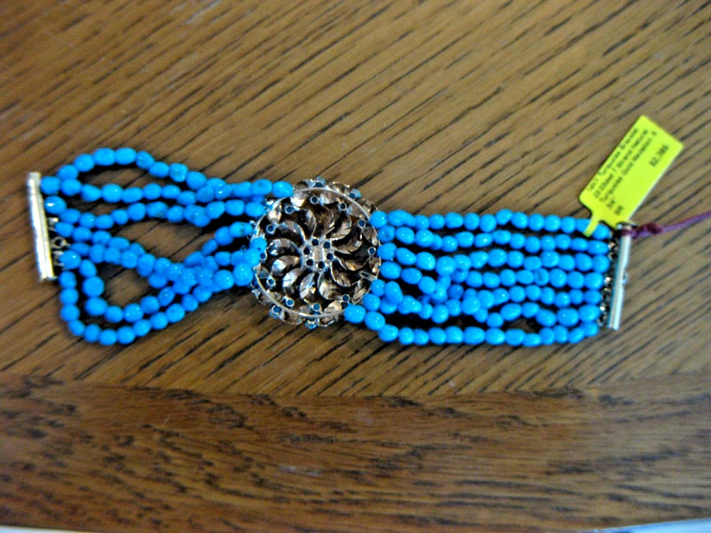Beautiful 7 Strand Turquoise Bead 6 3/4" Bracelet with 14K Medallion