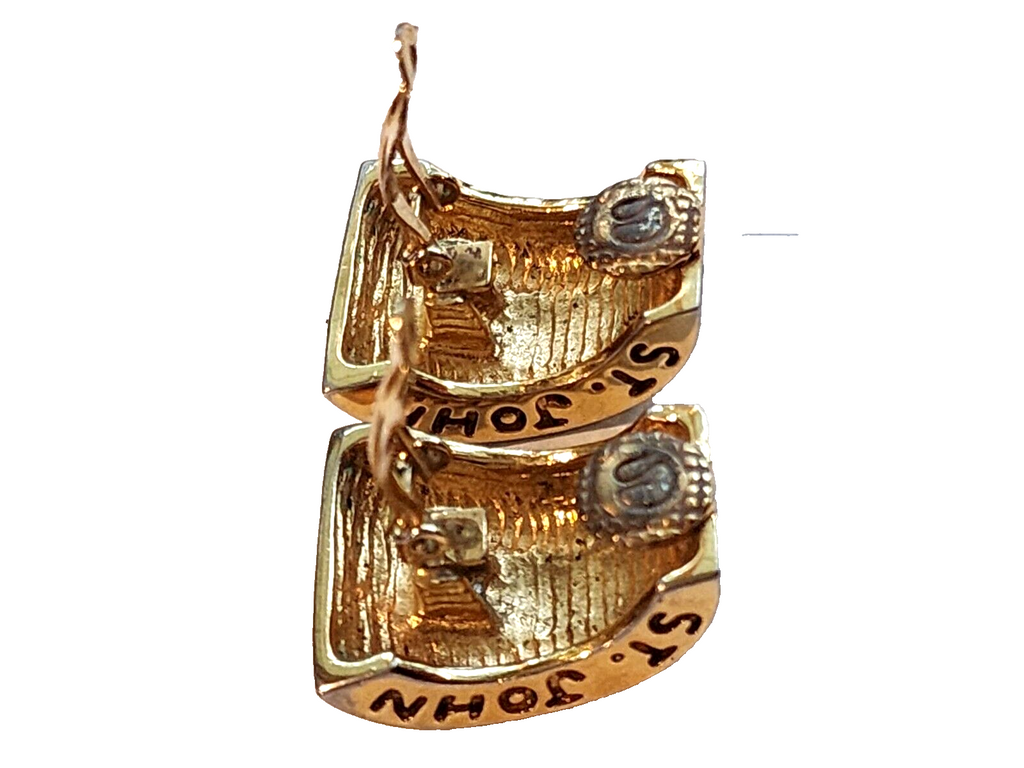Vintage St John Half Hoop Logo Clip on Earrings Gold Tone Side Logo Signed