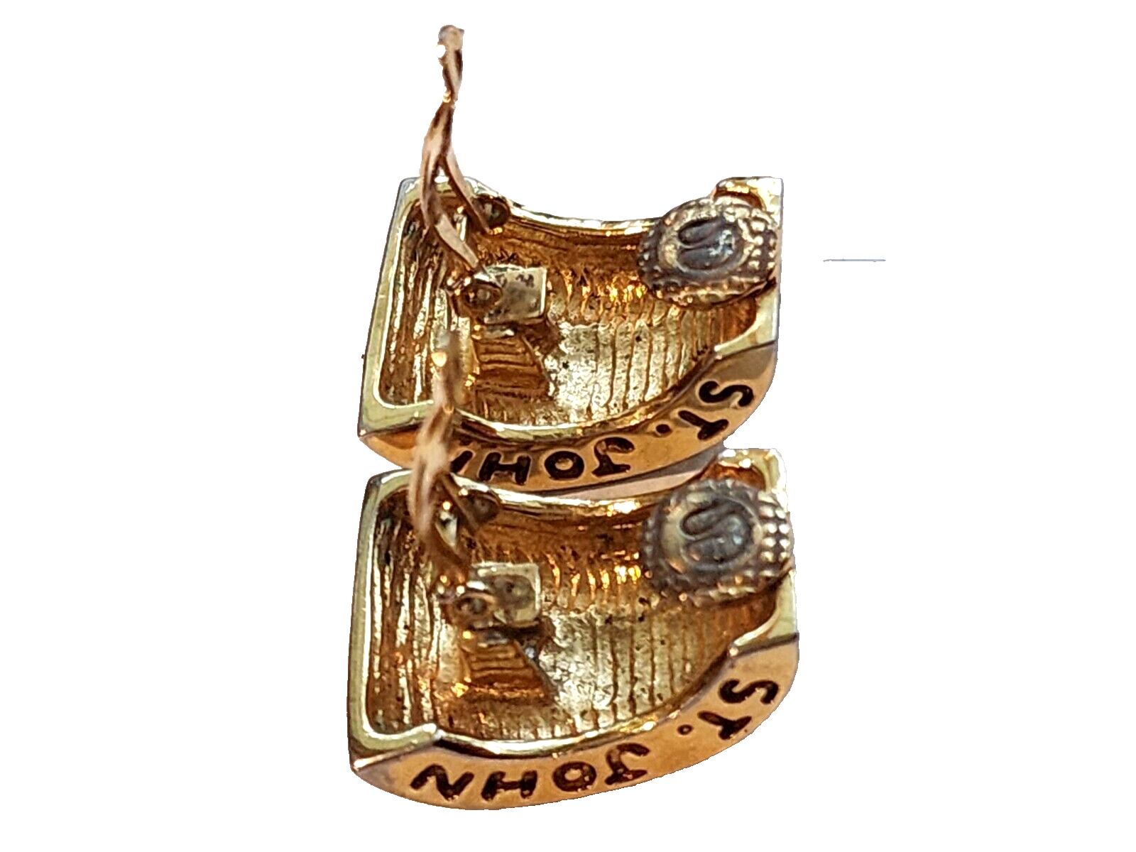 Vintage St John Half Hoop Logo Clip on Earrings Gold Tone Side Logo Signed