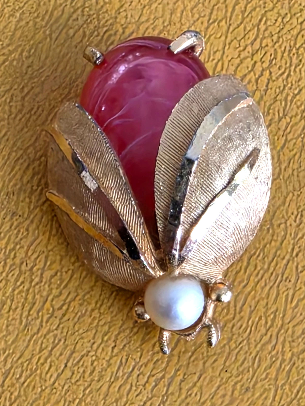 Vintage Signed BSK Faux Coral & Pearl Flying Insect Beetle Bug Pin Brooch