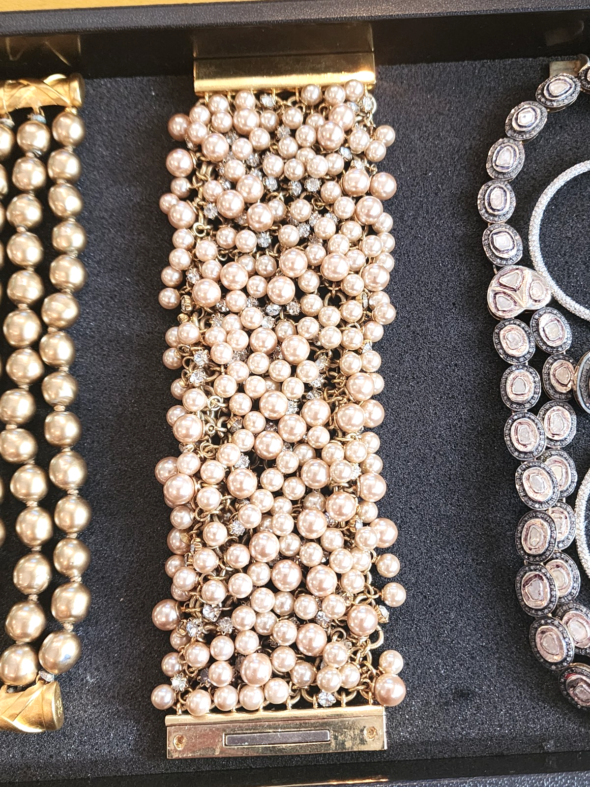 STELLA & DOT Faux Pearl & Crystal Braided Chain  Tone Bracelet