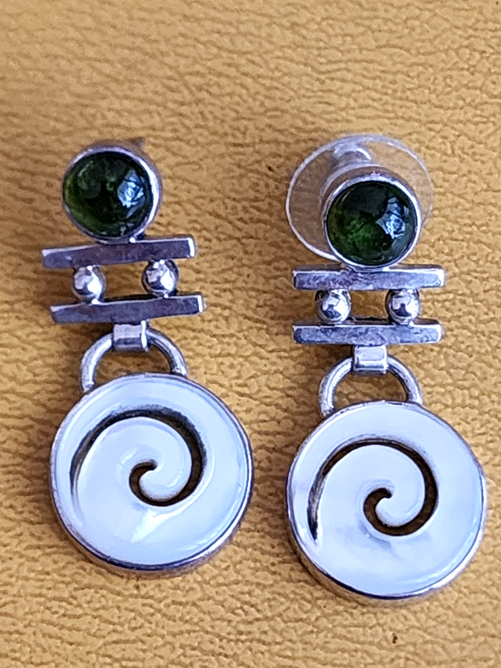 Silver Peridot Green Swirl Dangle Pushback Earrings