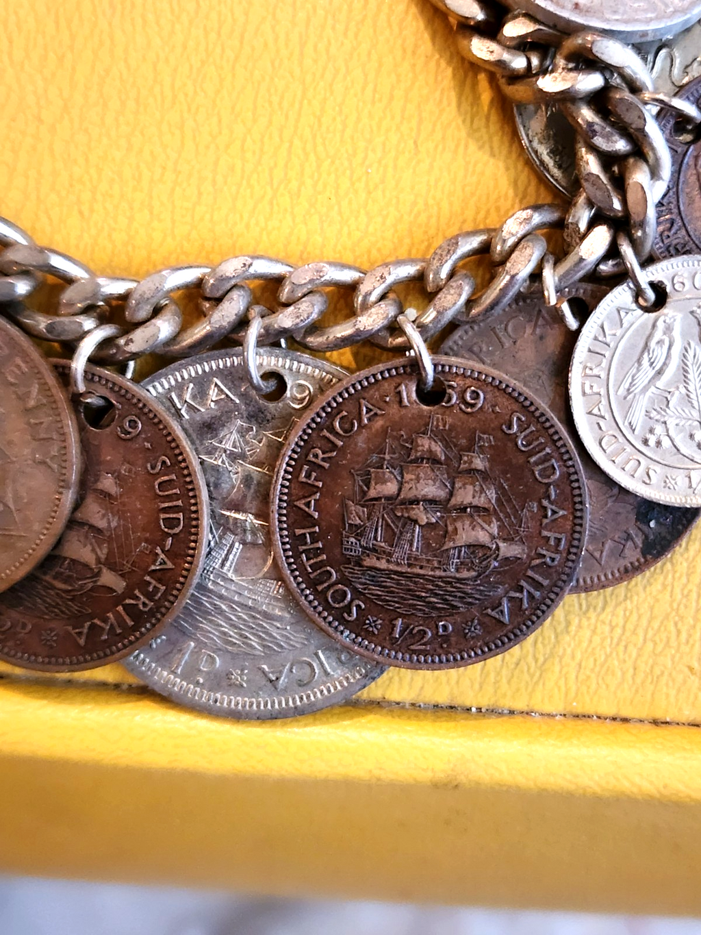 Vintage 14 RARE 1950's Coin Charm Bracelet South Africa, India