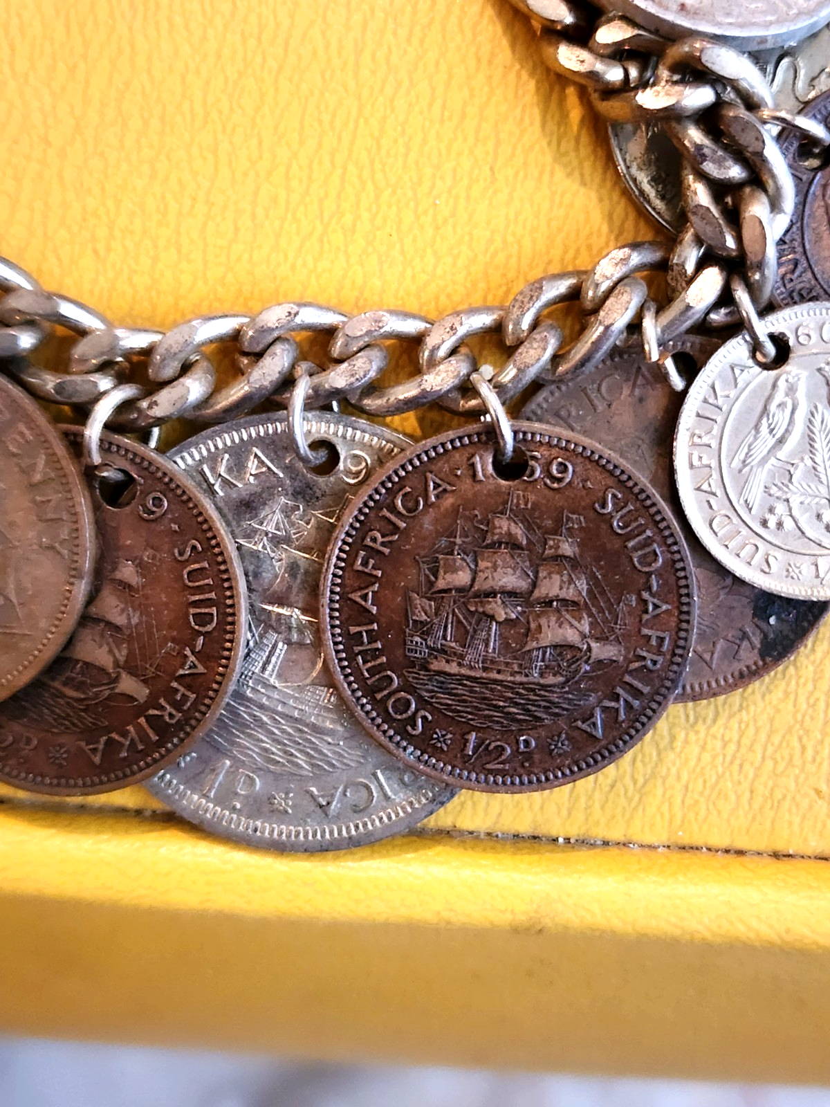 Vintage 14 RARE 1950's Coin Charm Bracelet South Africa, India