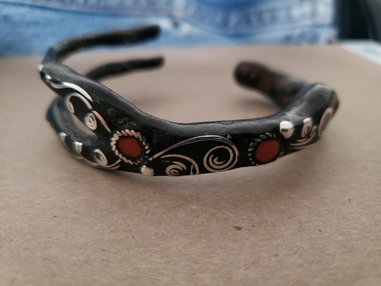 Natural Black Coral Branch Bracelet with Red Coral & Sterling Silver Inlay